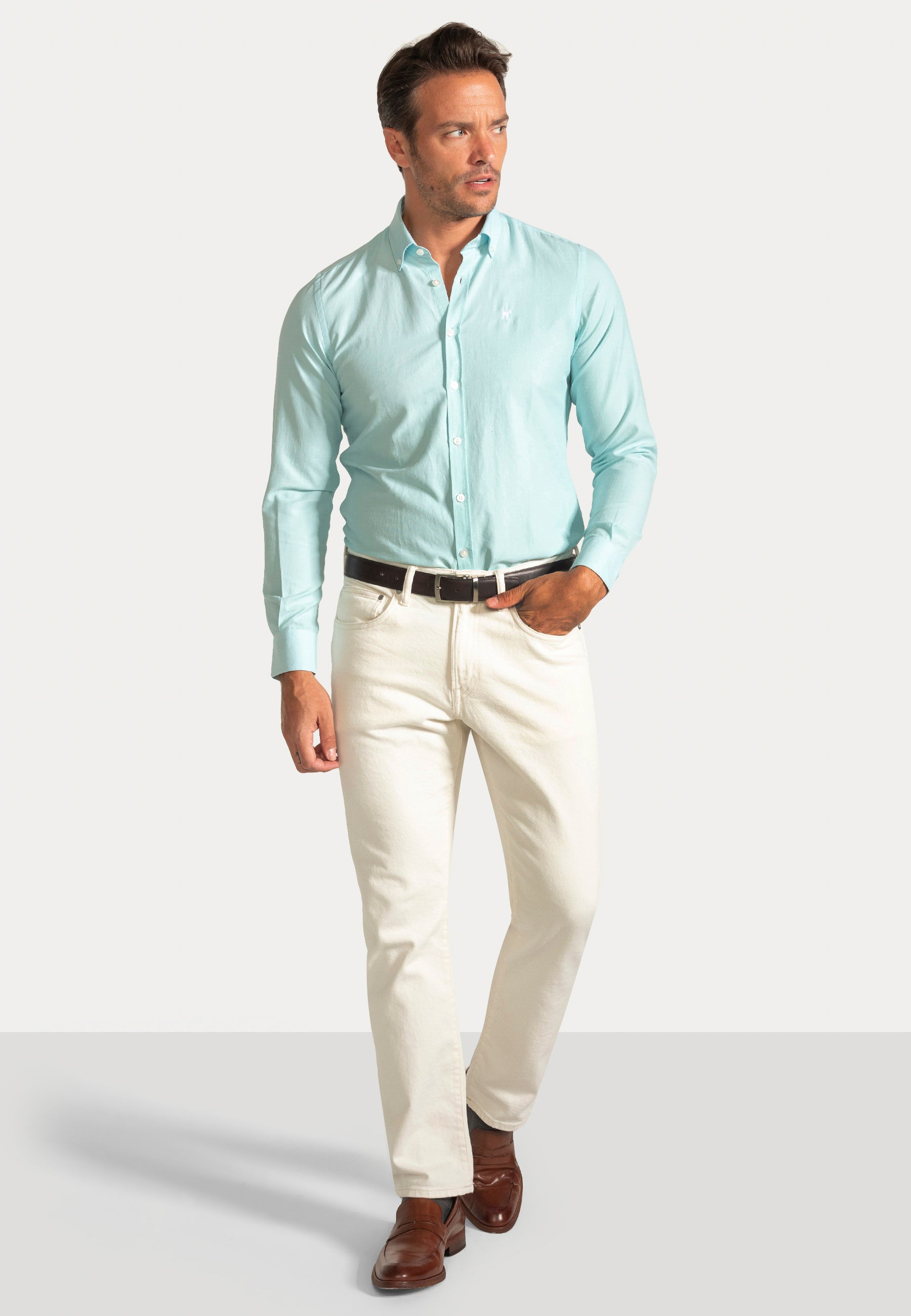Camisa Oxford Liso Turquesa Slim