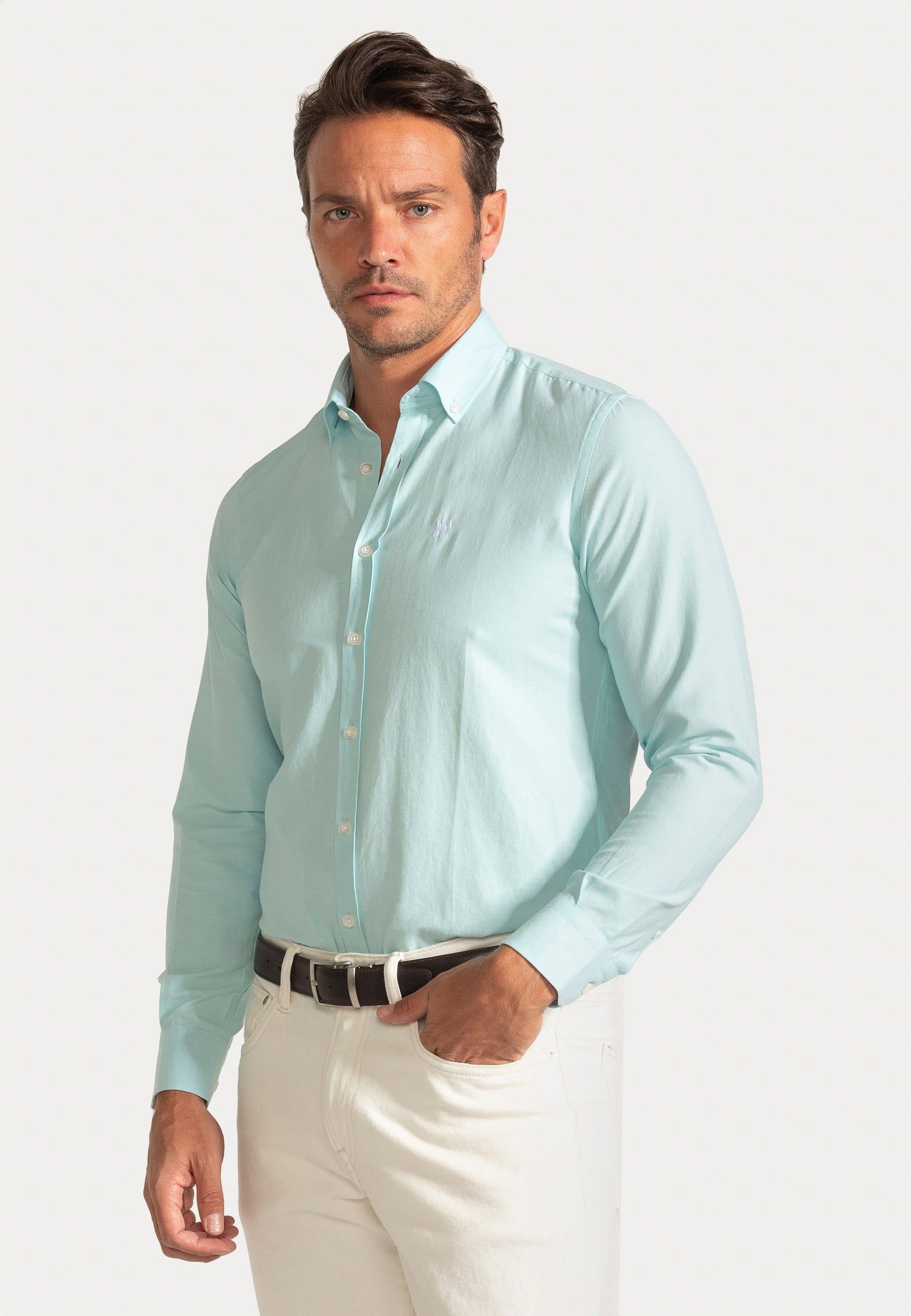 Camisa Oxford Liso Turquesa Slim
