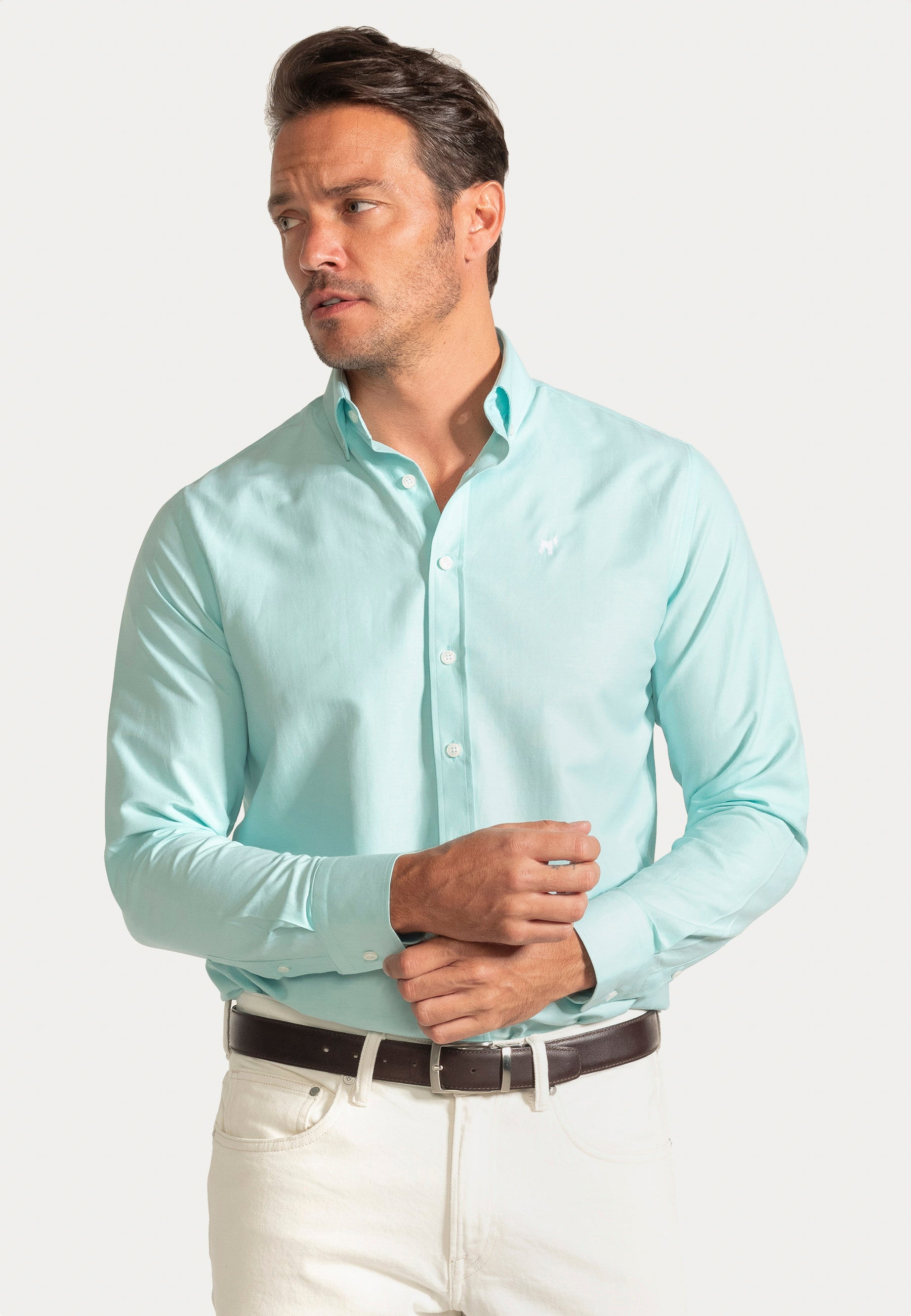 Camisa Oxford Liso Turquesa Slim