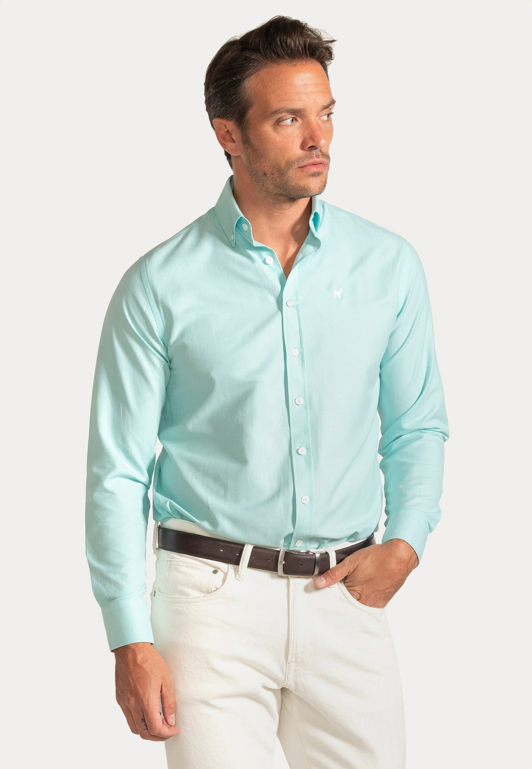 Camisa Oxford Liso Turquesa Slim