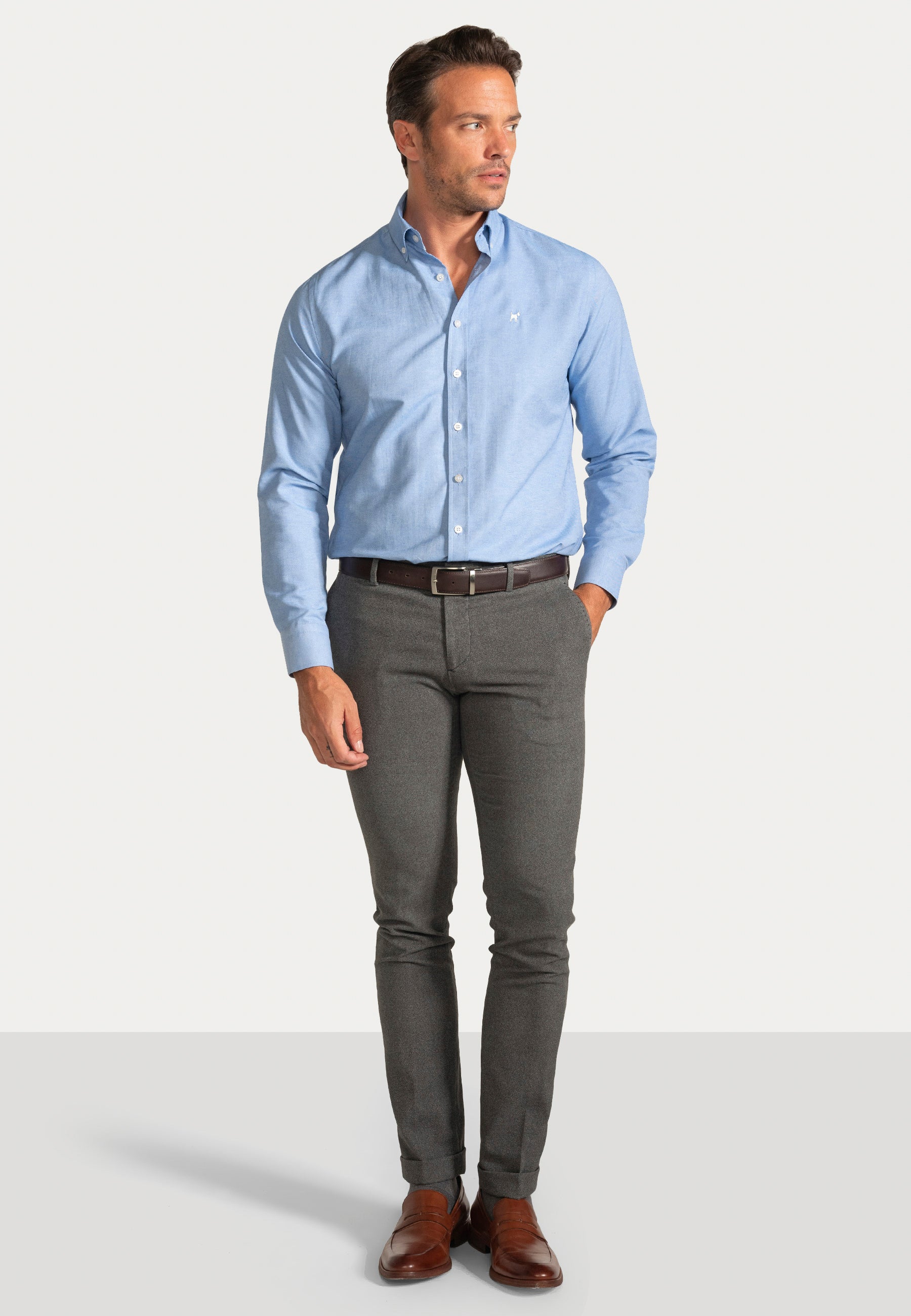 Camisa Oxford Liso Celeste Slim