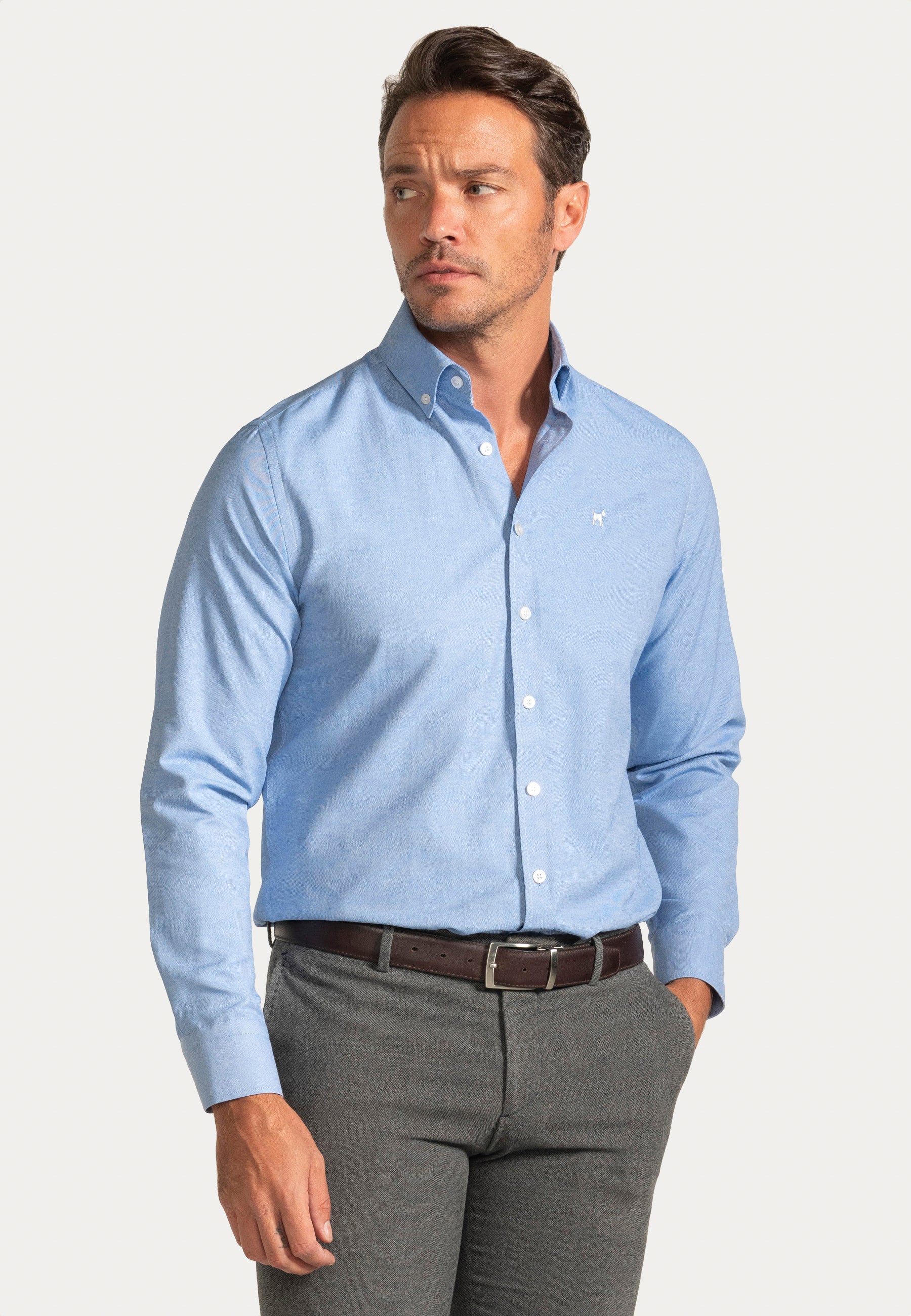Camisa Oxford Liso Celeste Slim