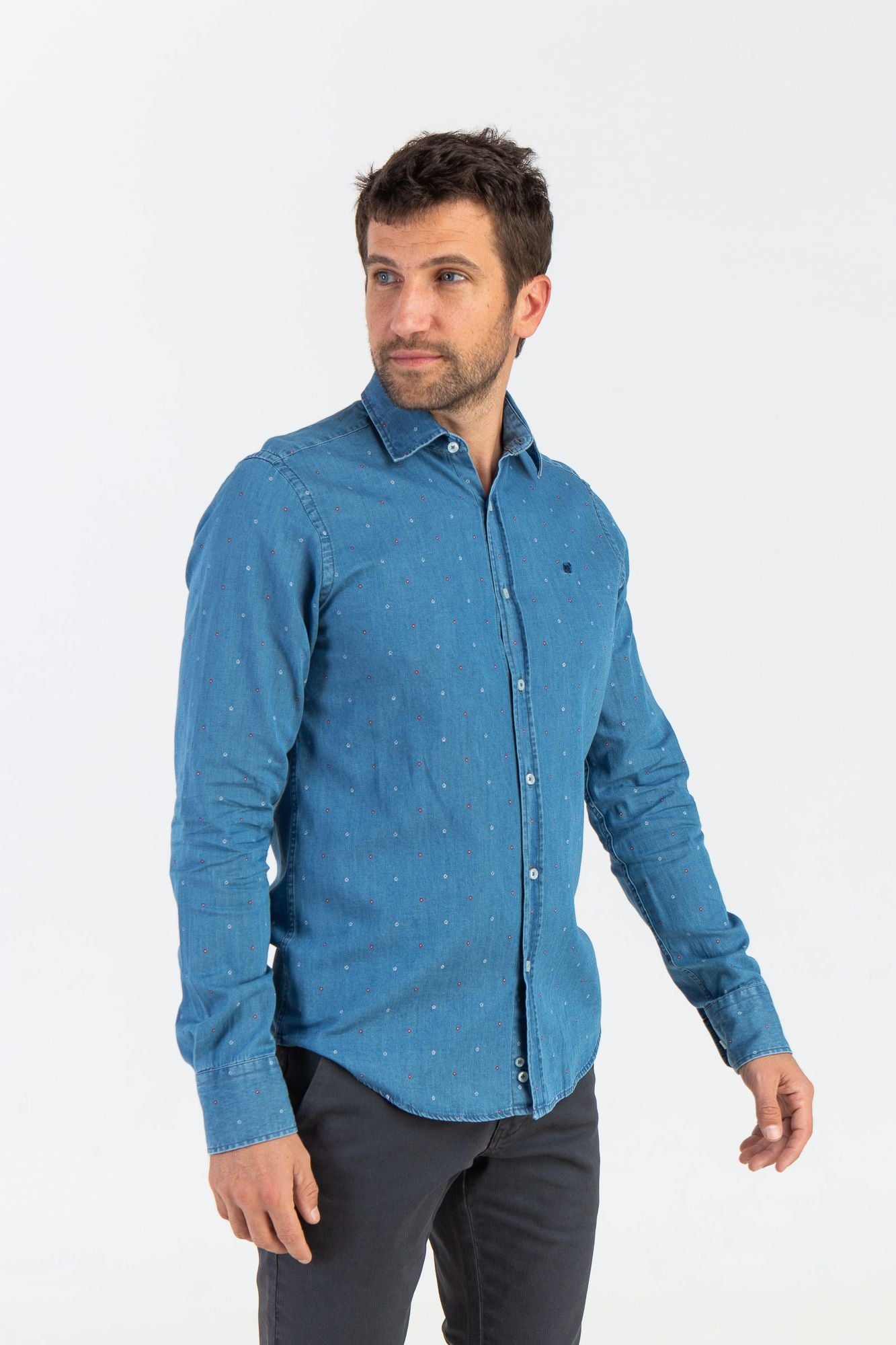 Camisa Denim Estampada Flor